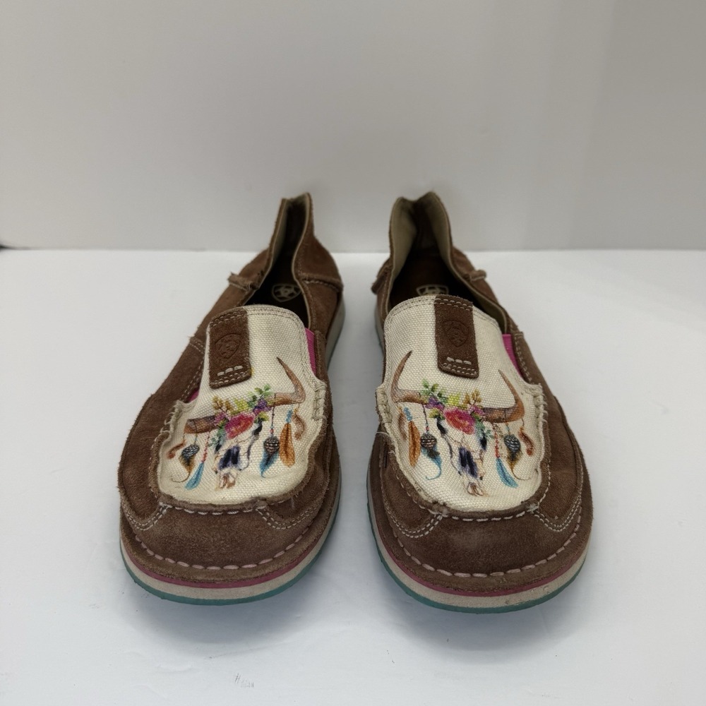 Ariat Cruisers Loafers Womens Size 9B Brown Floral Steer Design Suede Shoes - Picture 2 of 9